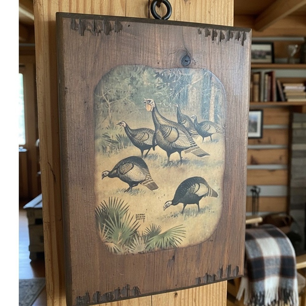 Lynn Bogue Hunt Turkey Gang Print, Vintage Wood Paneled Artwork, Rustic Wall Art
